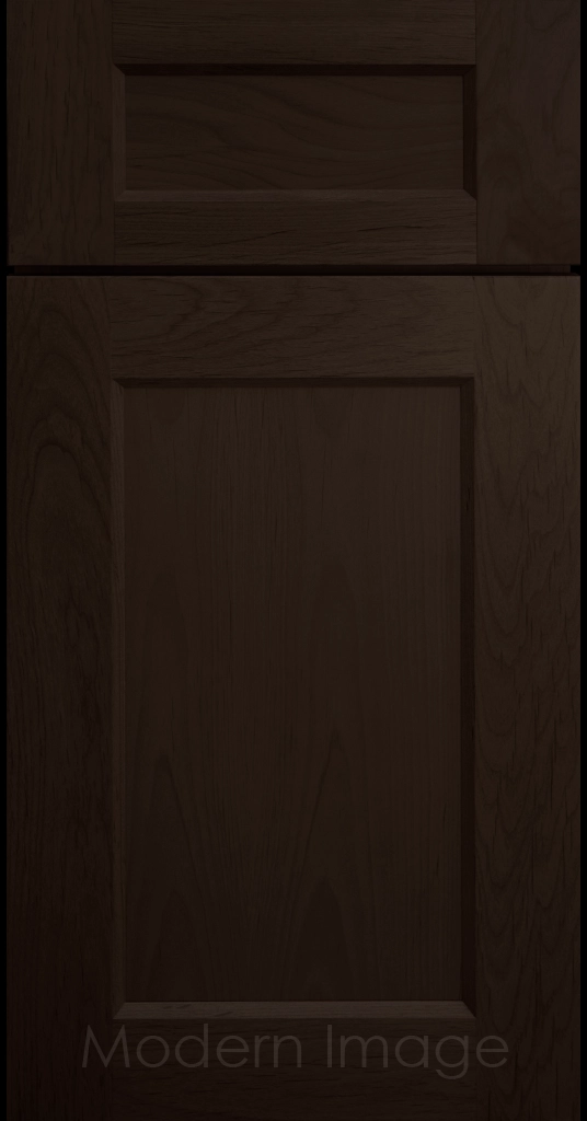 Laguna Chocolate-stained painted Shaker kitchen cabinet door with wide rails, inside profile and flat center panel.